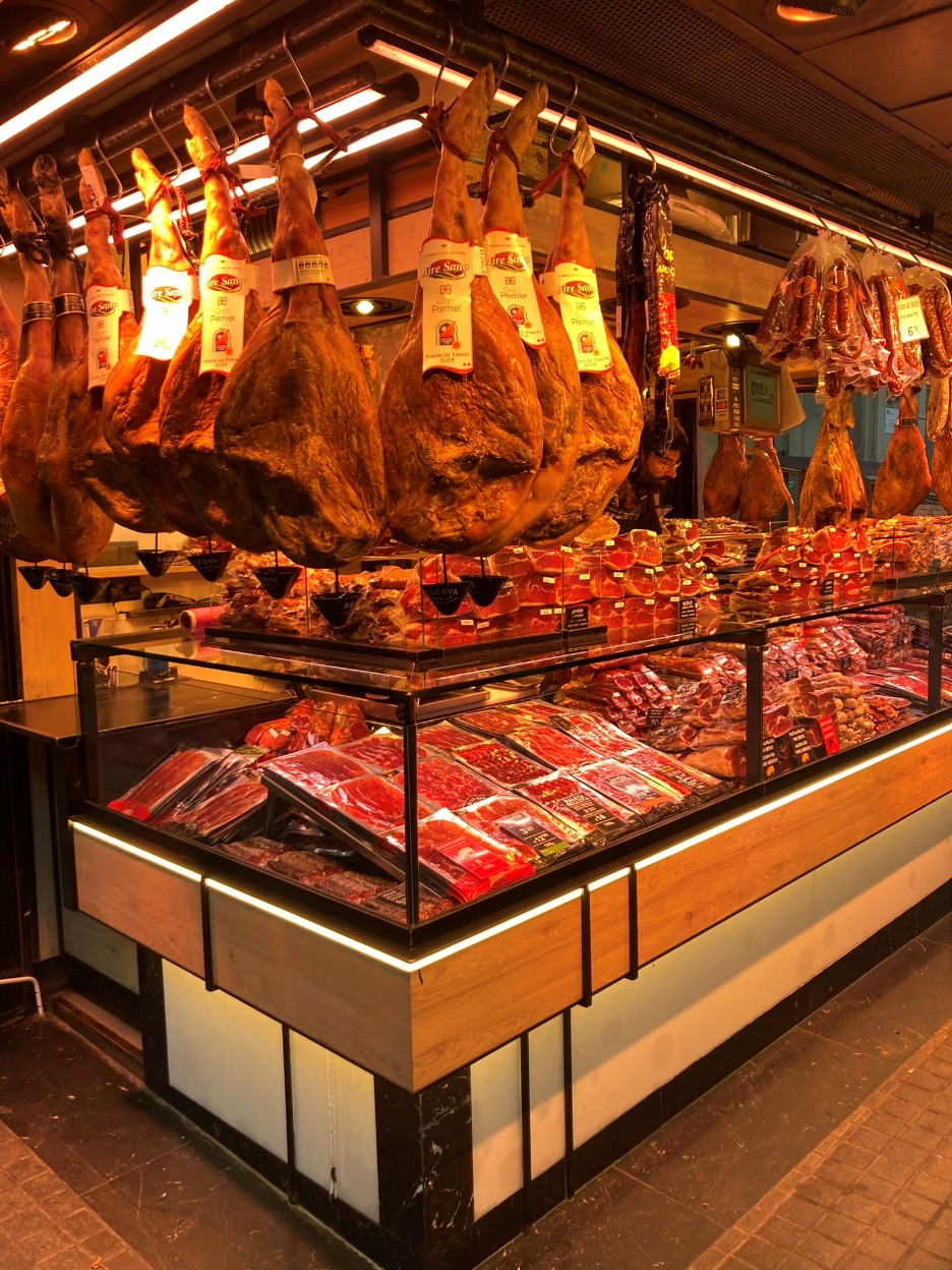 A meat market scene featuring different types of meat